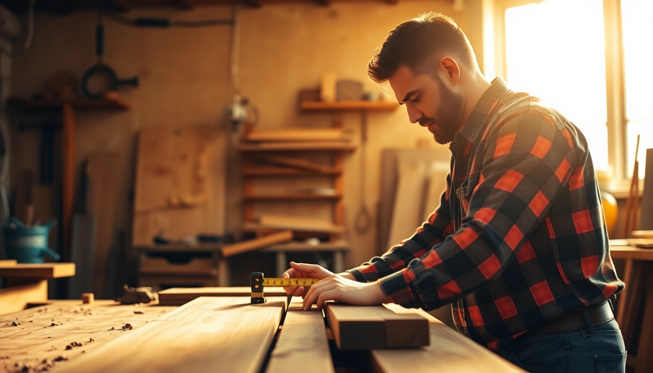 Experienced carpenter measuring wood carefully in a well-lit workshop, demonstrating precision and craftsmanship.