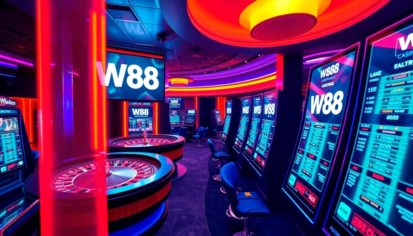 Engaging online betting platform with W88 branding, featuring live casino tables and sports betting screens, inviting users to join real-time gaming experiences on w88 com.