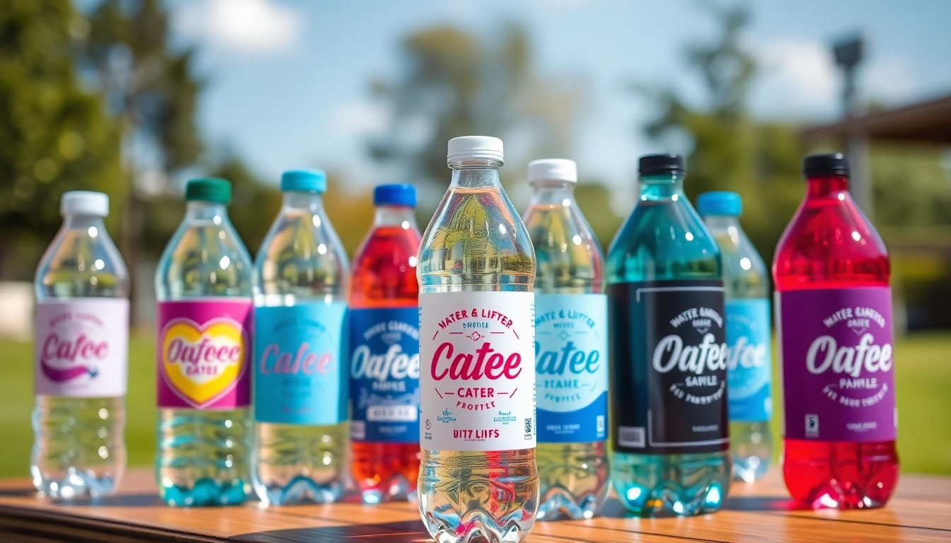 Designers applying creative custom water bottle labels on bottles for events, showcasing waterproof options.