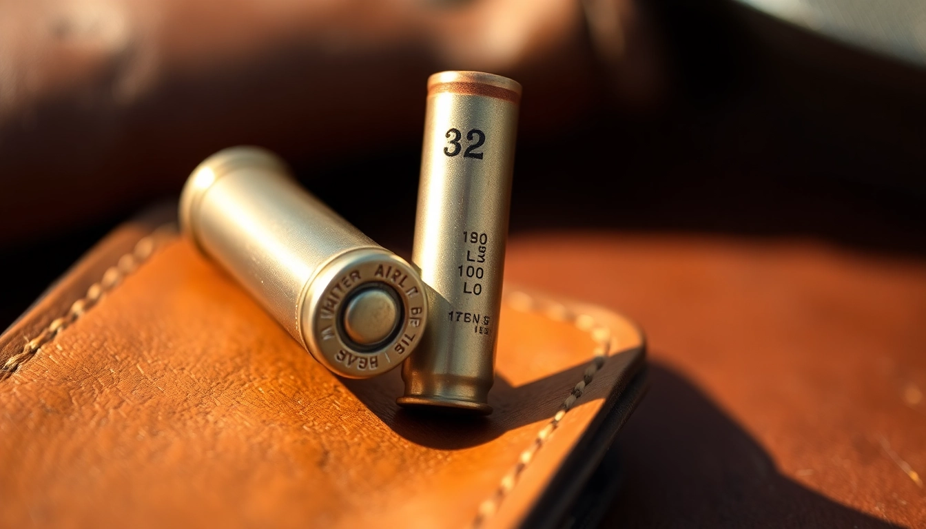 The 32WIN cartridge displayed on leather with detailed markings, emphasizing vintage firearm ammunition craftsmanship.