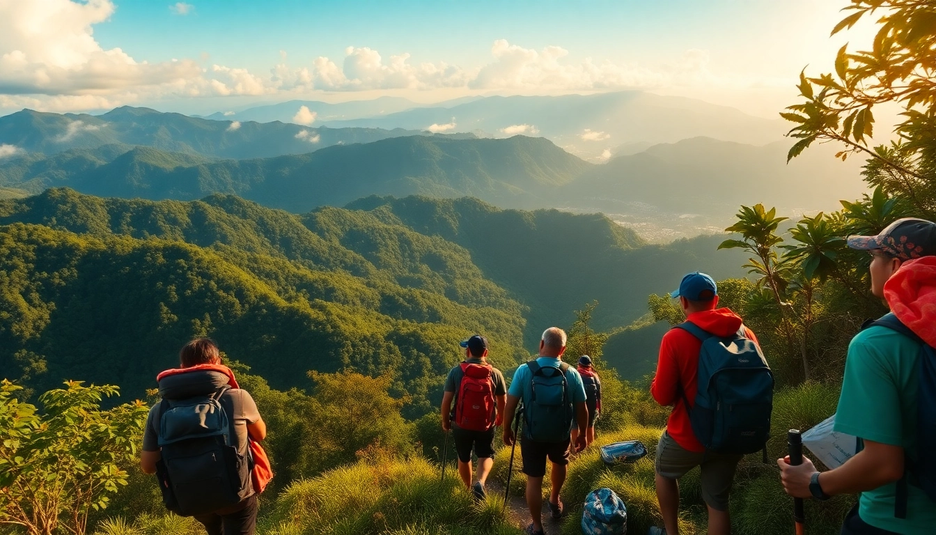 Trekking in Indonesia: trekkers conquering lush mountain trails amidst tropical scenery for an authentic adventure experience