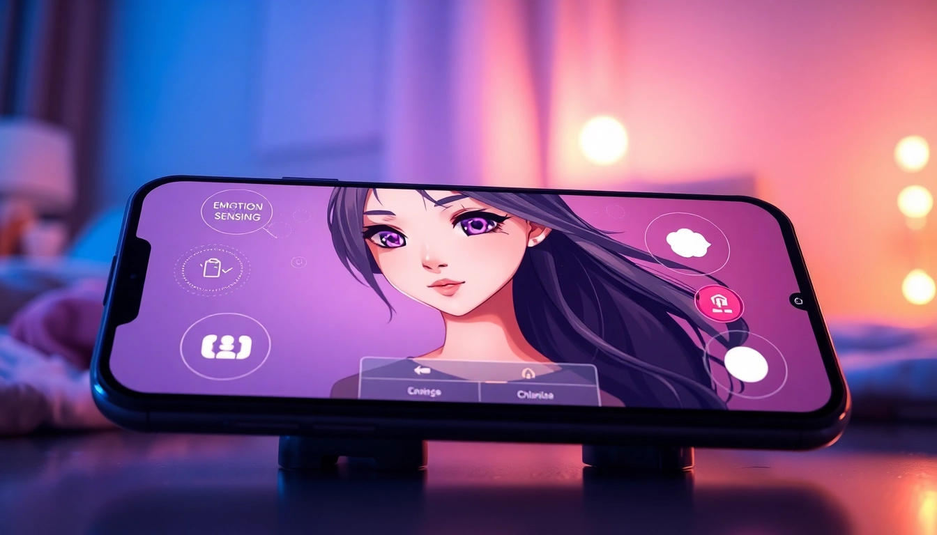 An illustration of a smartphone displaying a hyper-realistic anime-style AI girlfriend avatar in a modern, softly lit room, emphasizing advanced customization and unfiltered chat features.