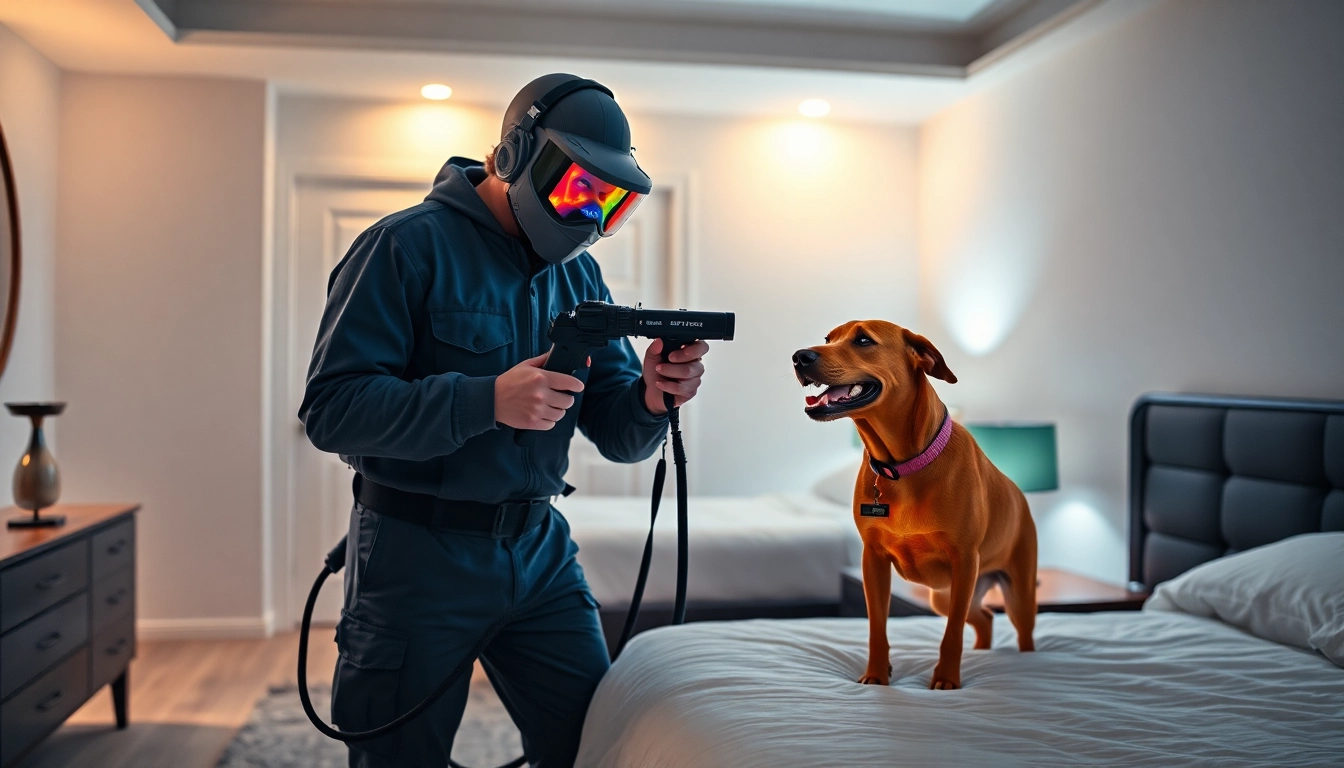 Bedwantsen bestrijden expert detects bedbugs using thermal imaging and trained dogs in a clean, modern bedroom setting.