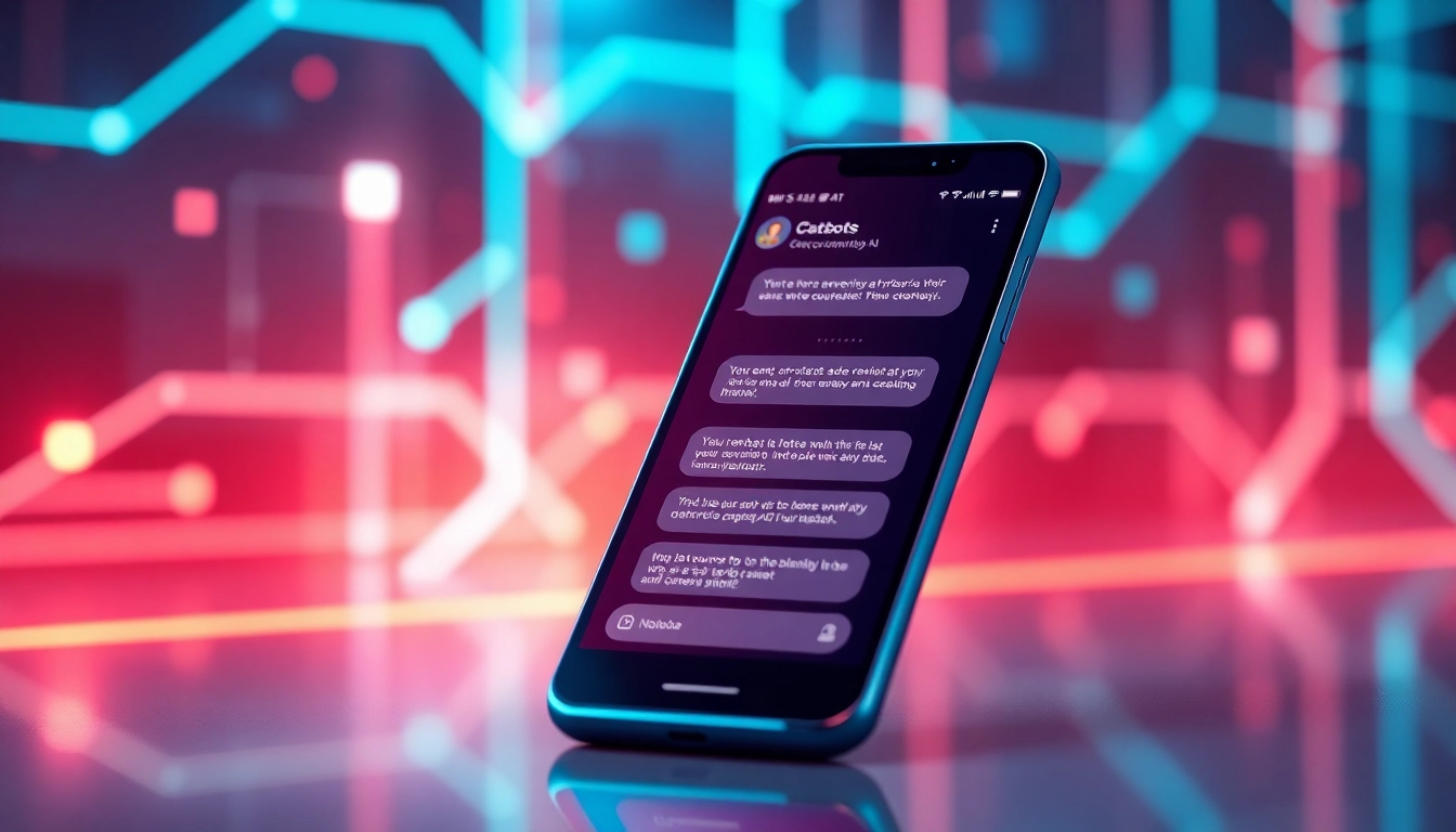 An illustration of a smartphone displaying a chatbot conversation against a neon-lit digital background.