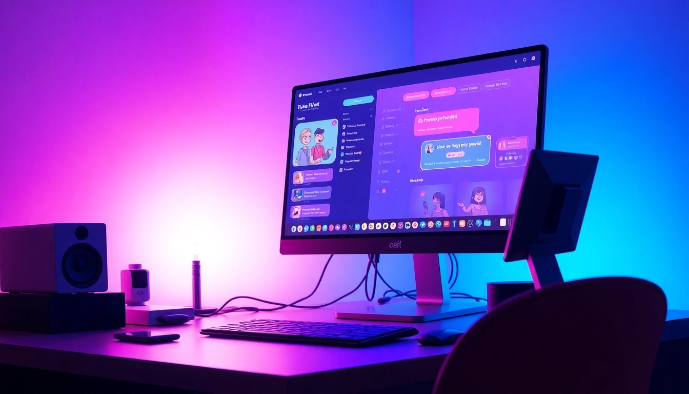Digital art of a computer screen with animated AI characters in a neon-lit, futuristic setting.