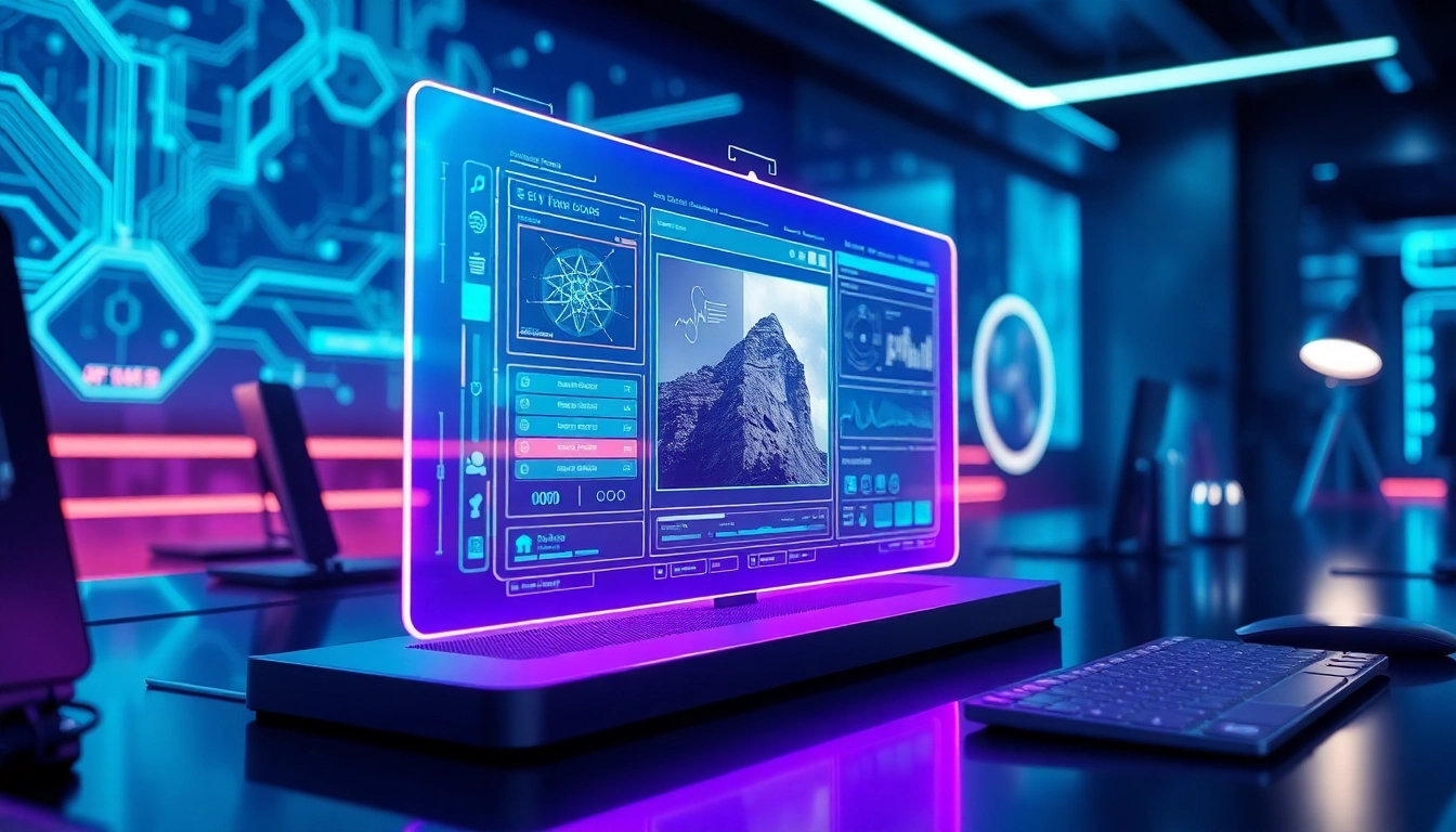 Futuristic AI image editing interface with holographic tools in a high-tech workspace.