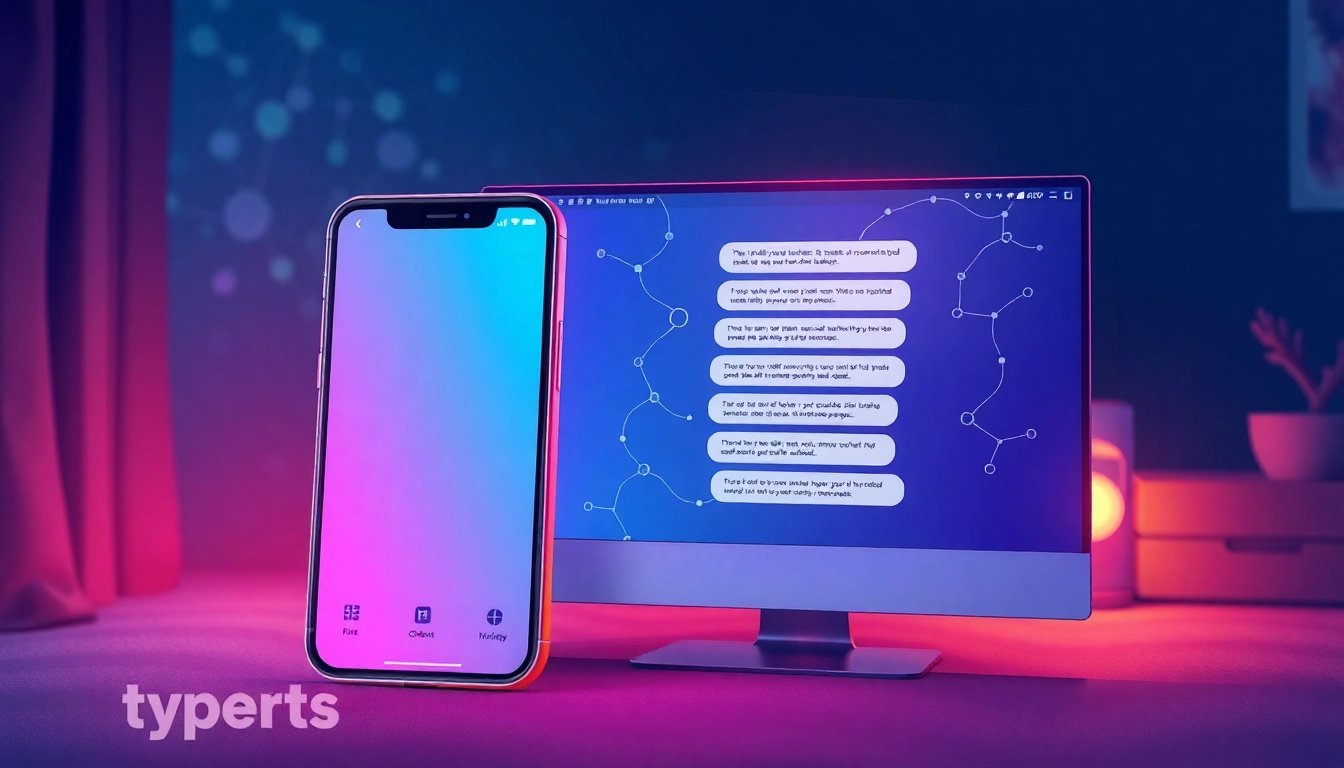 An illustration of a modern chatbot interface on a smartphone and desktop, with glowing neural networks and cozy lighting.