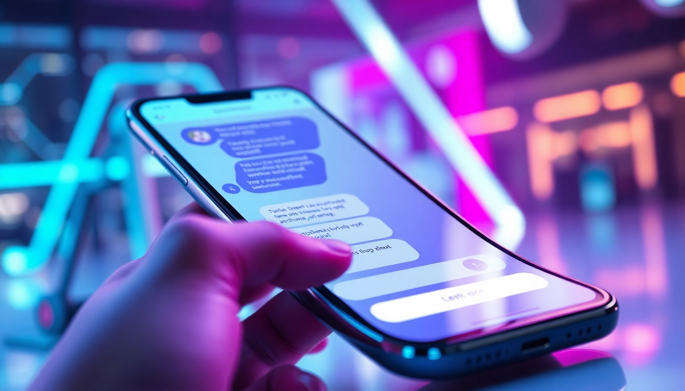 Digital illustration of a futuristic AI chat interface on a smartphone with vibrant neon lighting and an engaging AI character.
