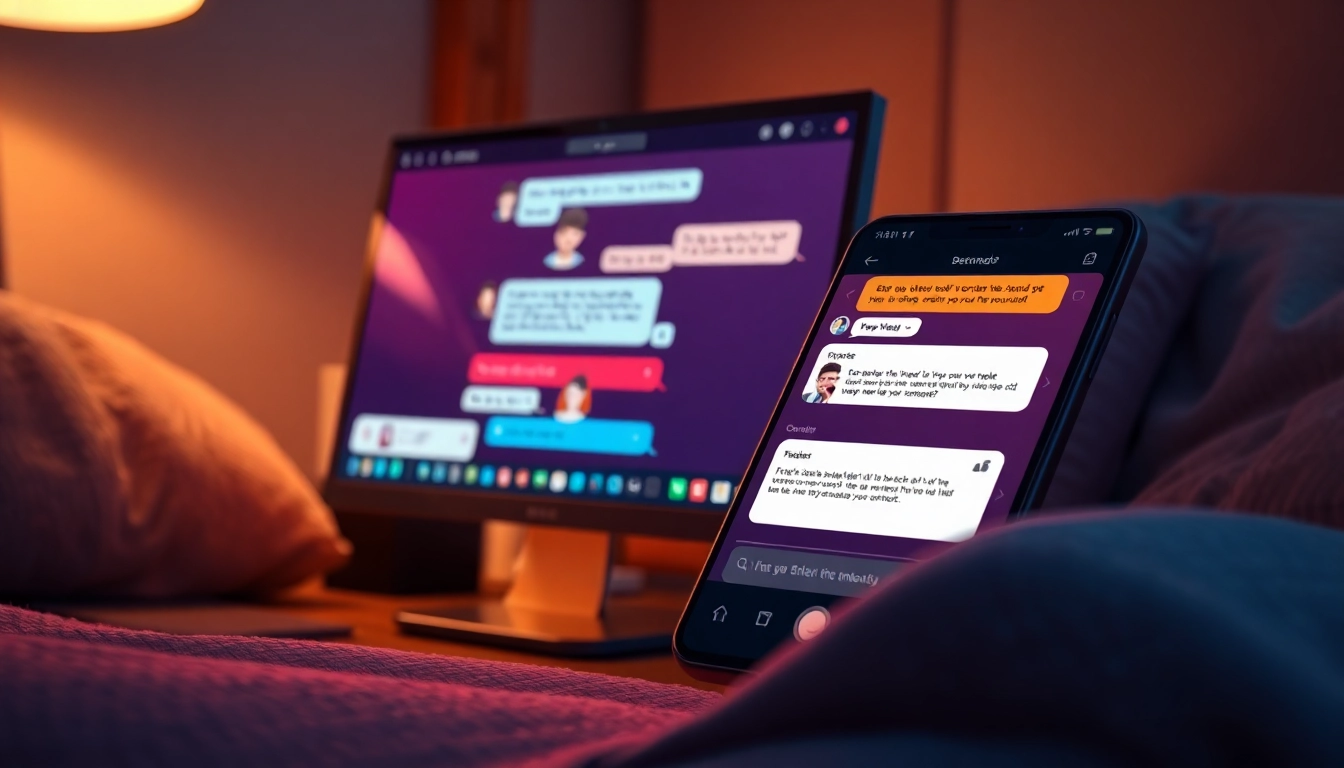 A digital scene showing a smartphone and desktop displaying customizable AI chat interfaces in a cozy, intimate setting.