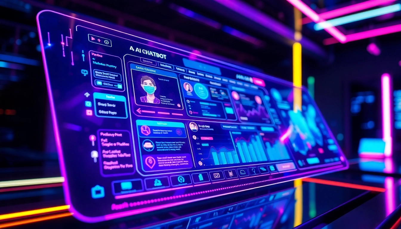 Futuristic holographic AI chatbot interface with neon colors and data streams