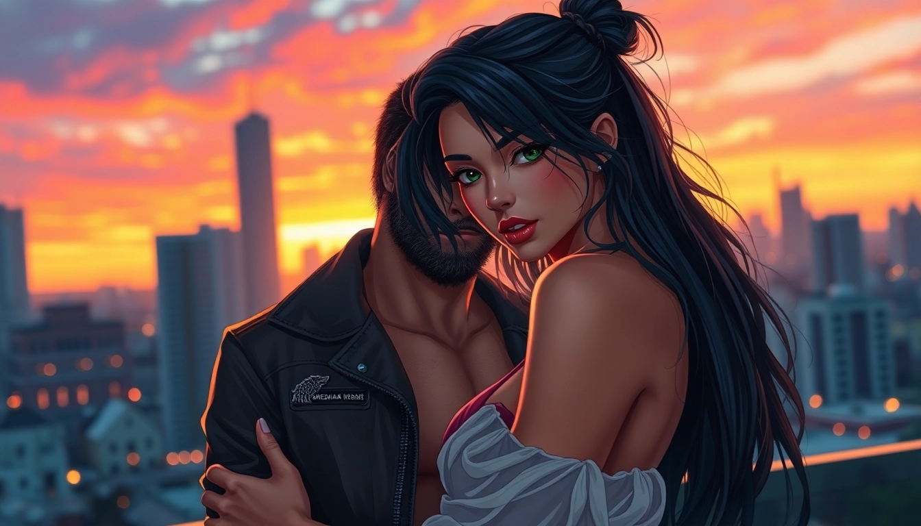 An artistic depiction of two humans in an urban twilight scene, embodying themes of dominance and submission within the Omegaverse, with vibrant sunset colors and subtle animalistic details.