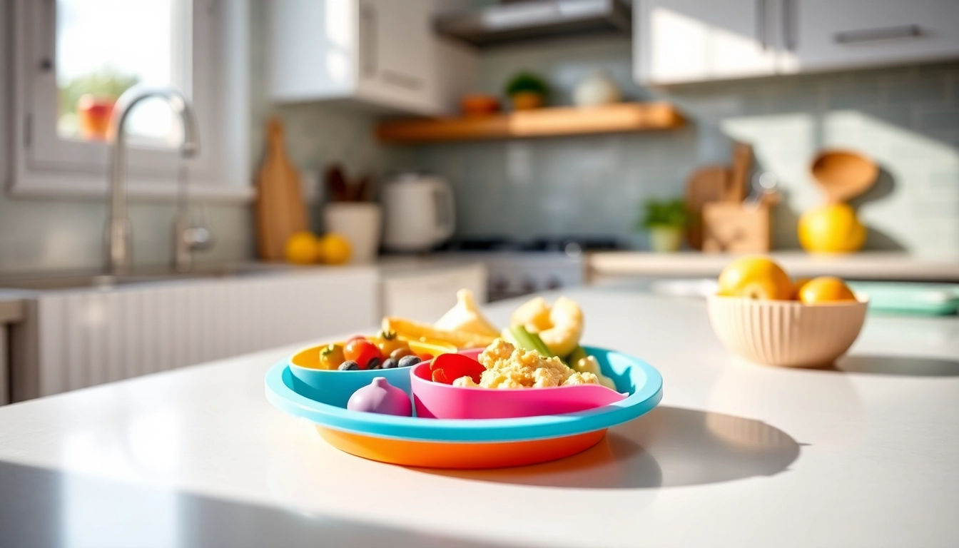 Piatto silicone divisorio 3 scomparti shown with healthy food in a bright kitchen setting,