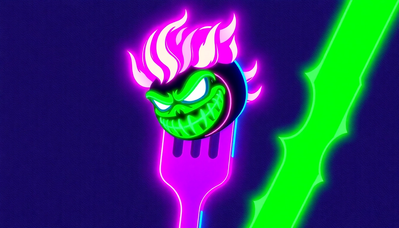 Vibrant Angry Pepe Fork Collectible depicting a meme-inspired character in action with neon