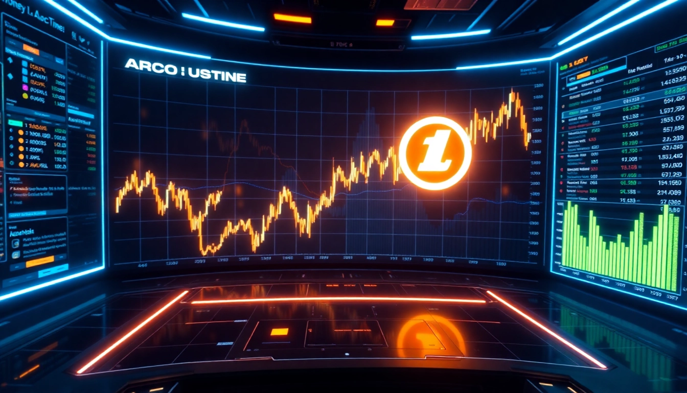 Aicoin logo on a high-tech dashboard showing live crypto market analysis and charts,